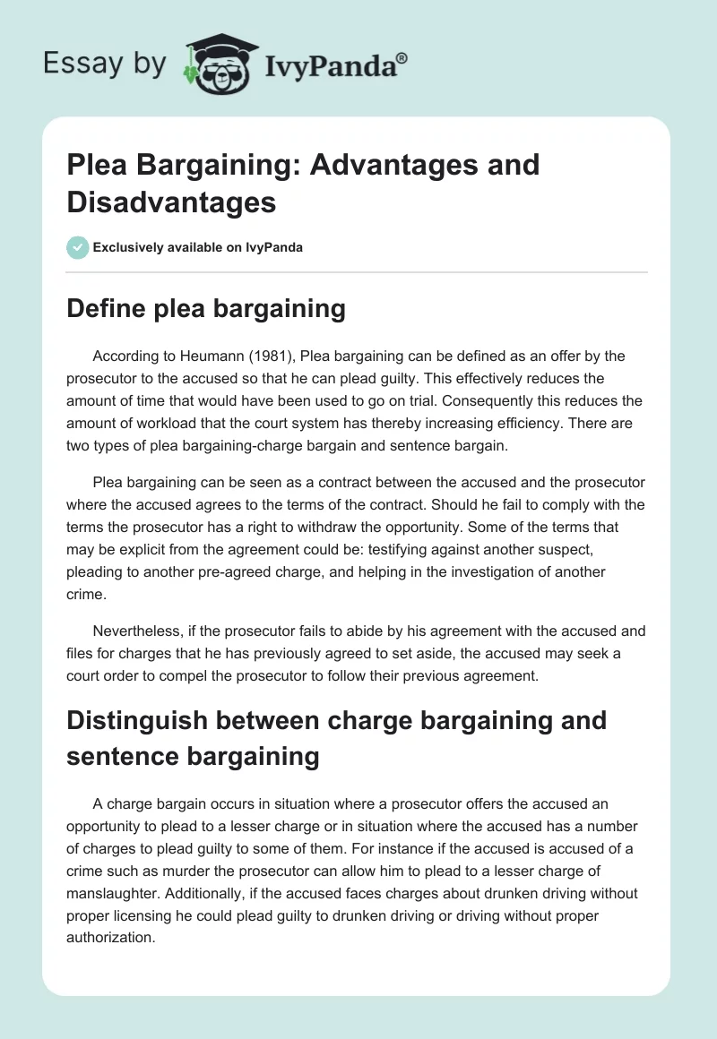 Plea Bargaining: Advantages and Disadvantages. Page 1