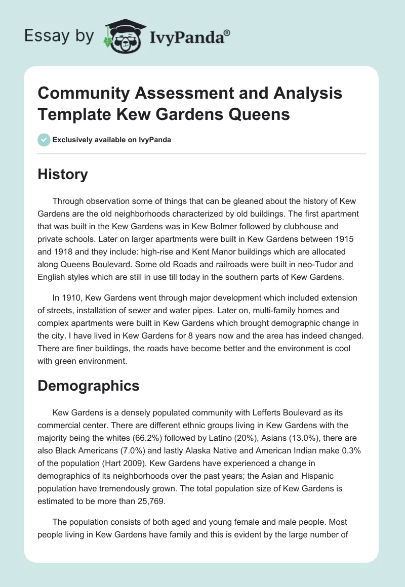 Community Assessment and Analysis Template Kew Gardens Queens. Page 1