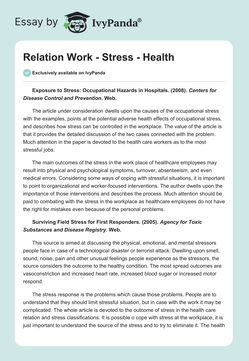 Relation Work - Stress - Health. Page 1