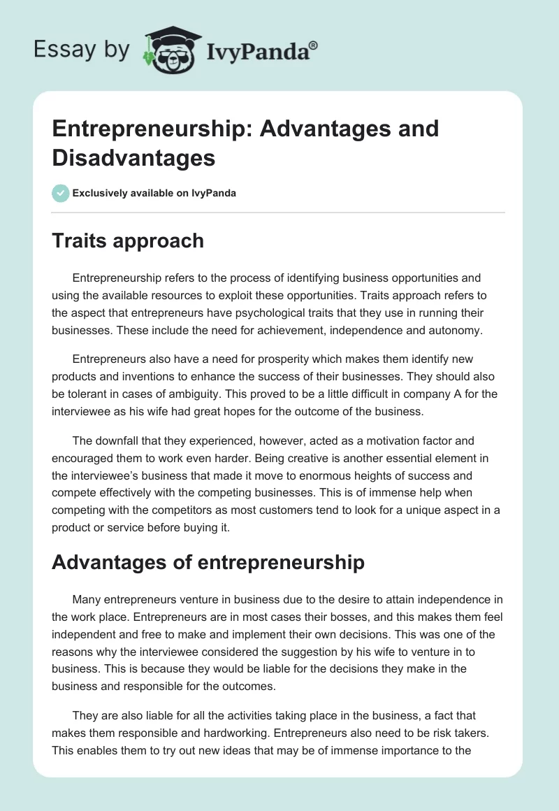Entrepreneurship: Advantages and Disadvantages. Page 1