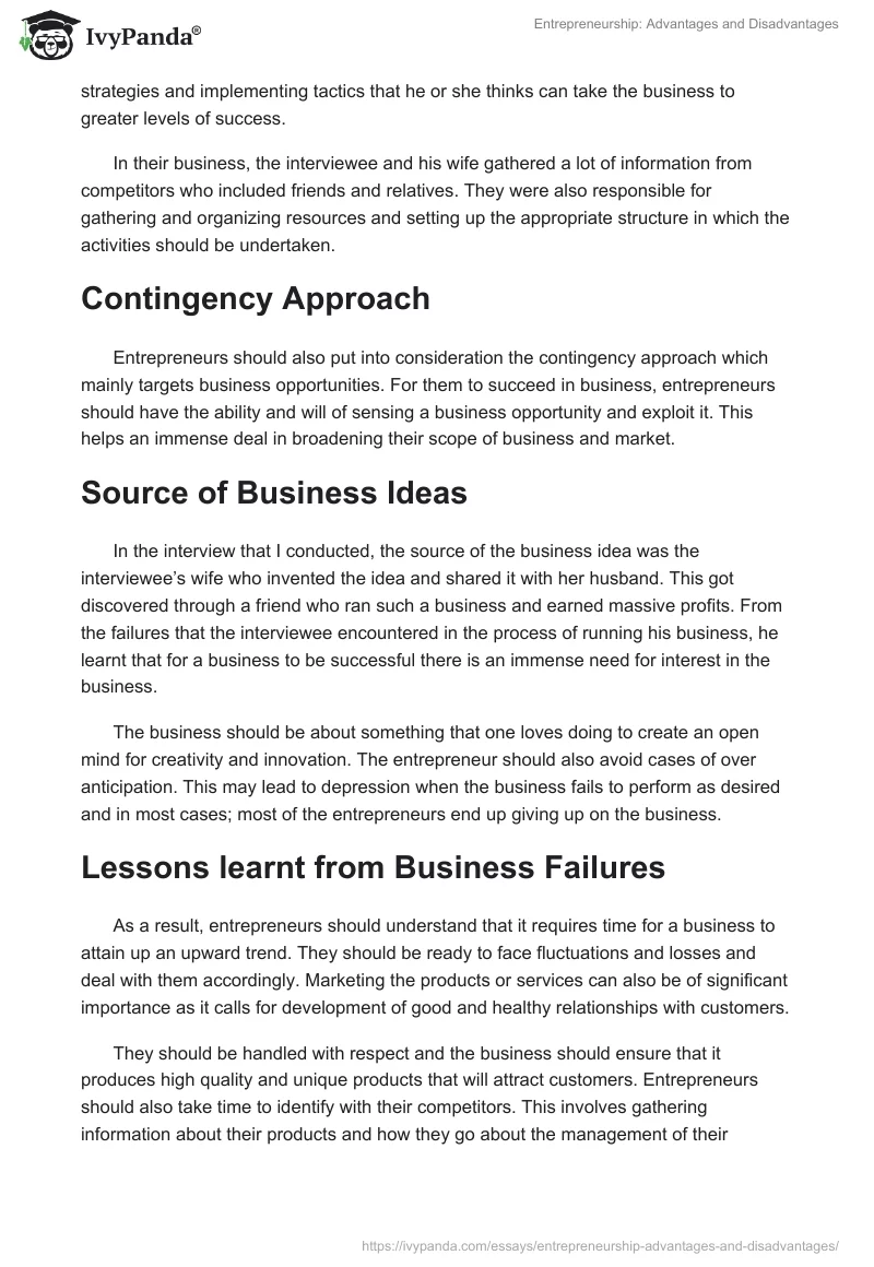 Entrepreneurship: Advantages and Disadvantages. Page 3