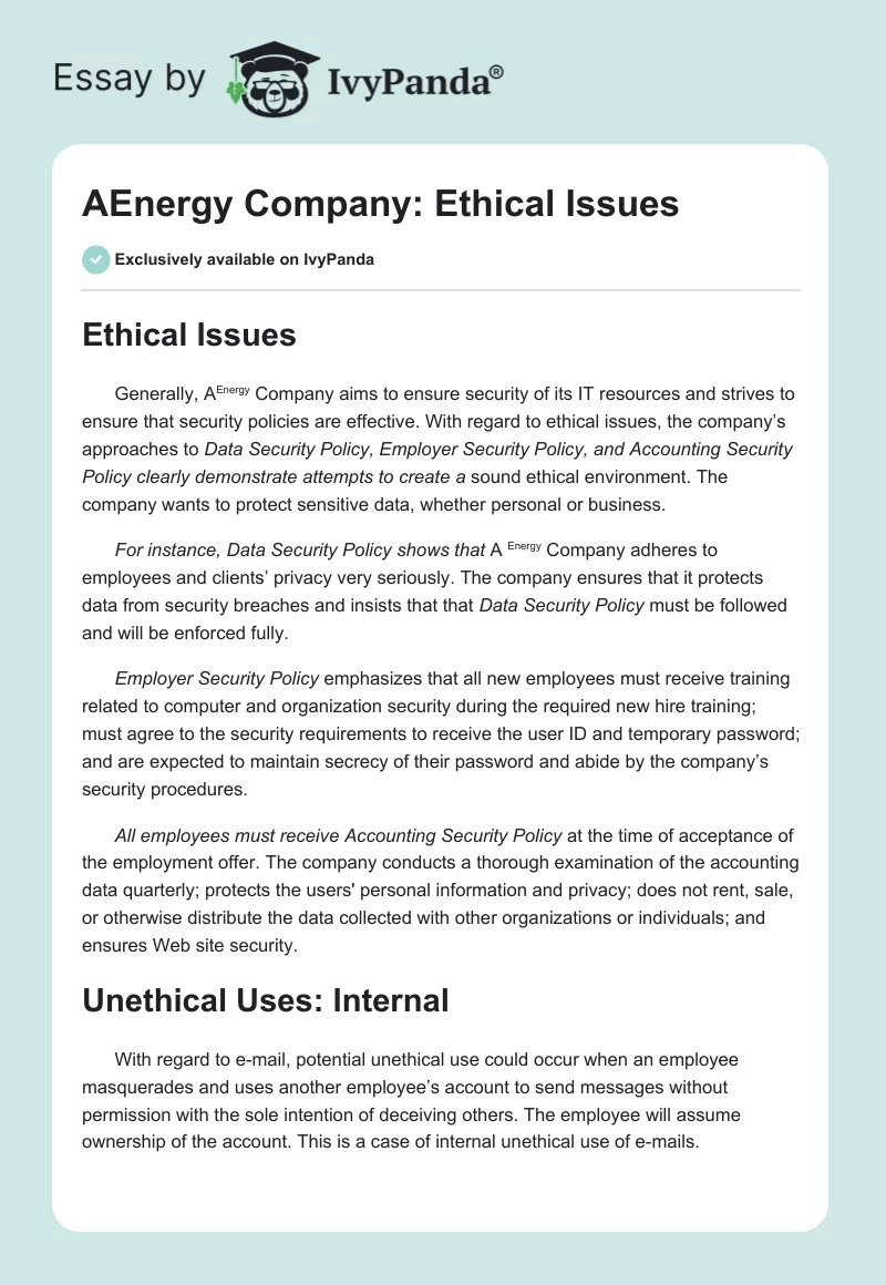 AEnergy Company: Ethical Issues. Page 1