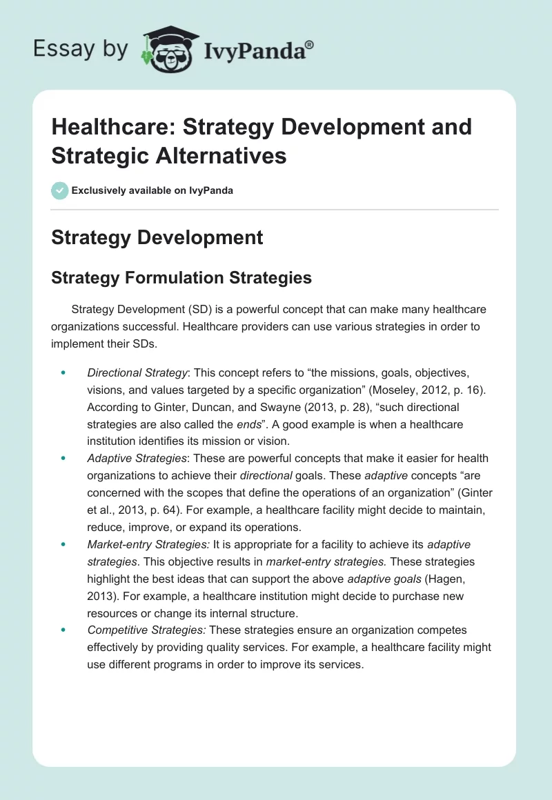 Healthcare: Strategy Development and Strategic Alternatives. Page 1