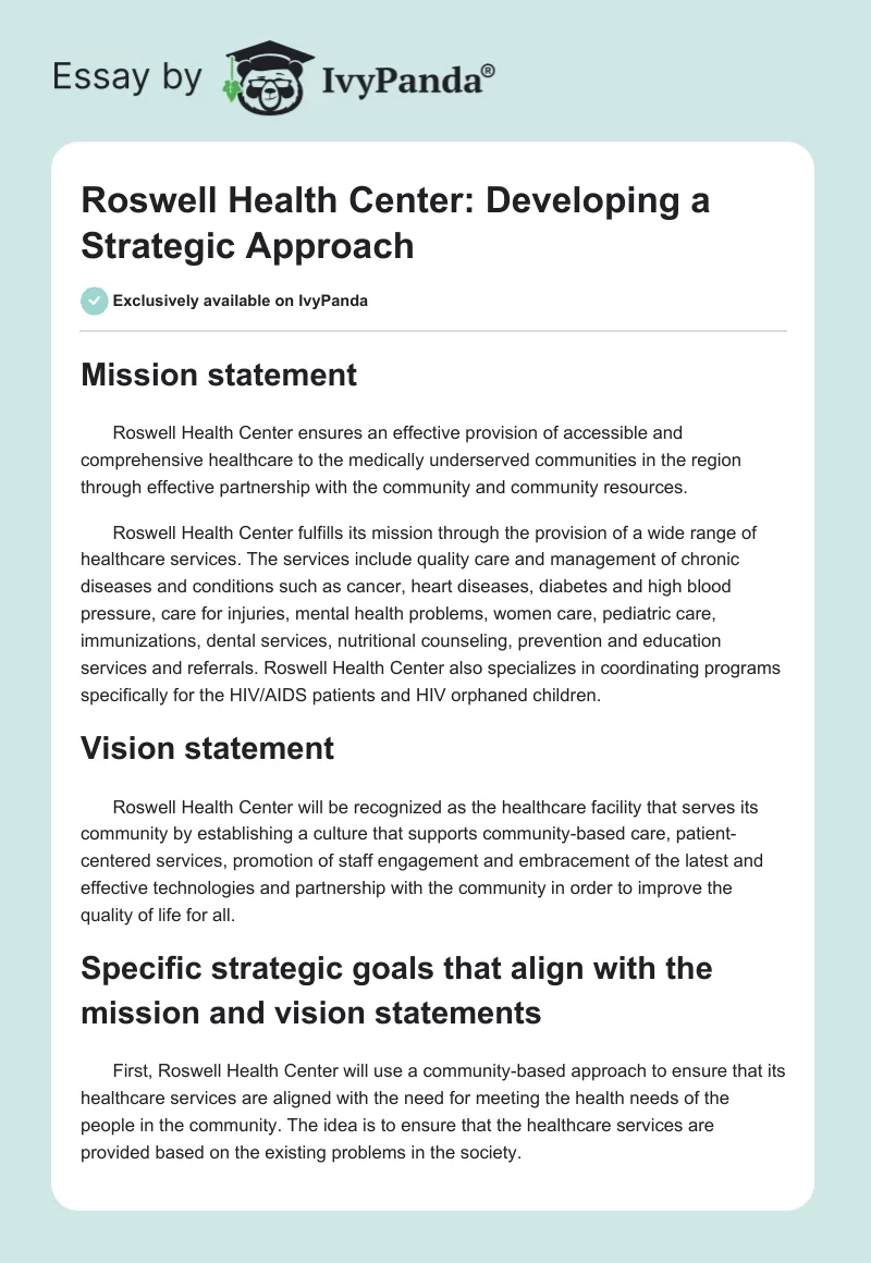 Roswell Health Center: Developing a Strategic Approach. Page 1