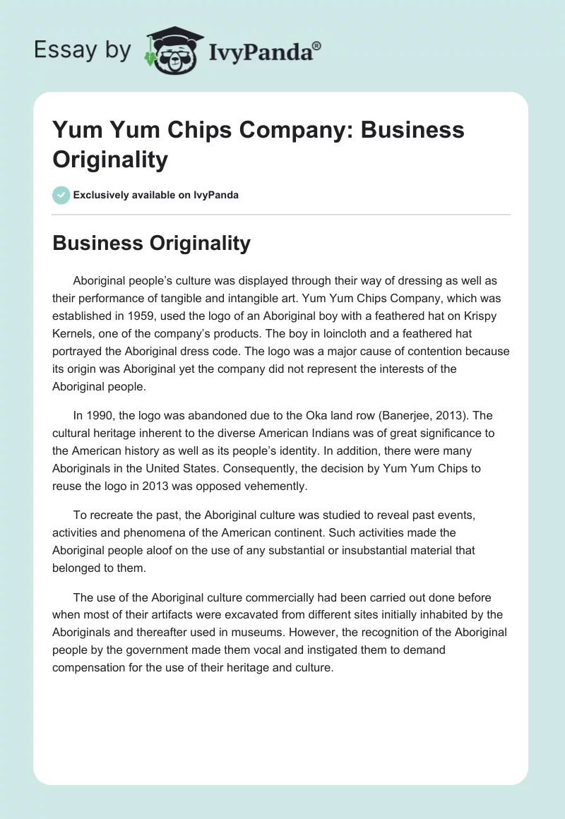 Yum Yum Chips Company: Business Originality. Page 1