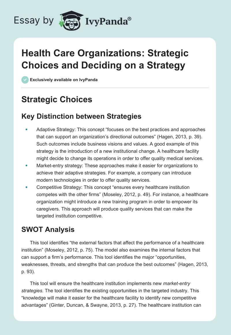 Health Care Organizations: Strategic Choices and Deciding on a Strategy. Page 1