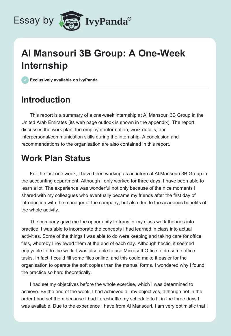Al Mansouri 3B Group: A One-Week Internship. Page 1