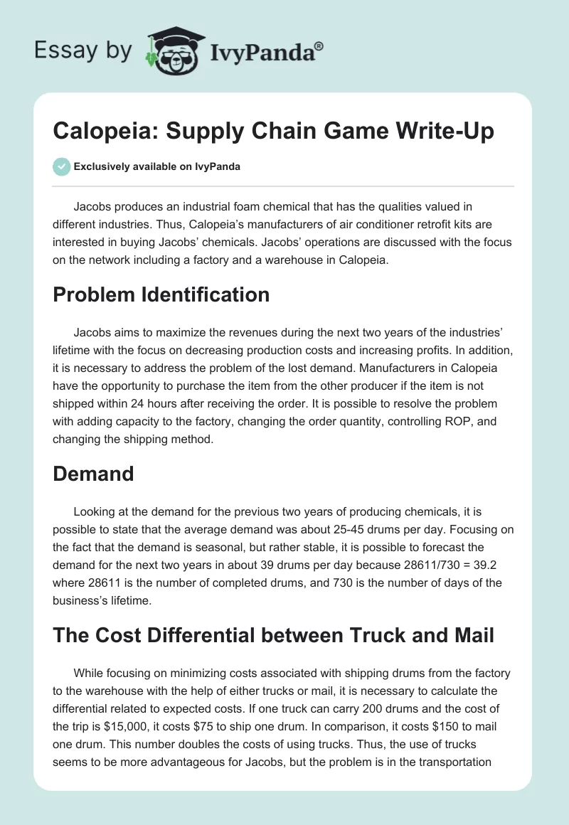 Calopeia: Supply Chain Game Write-Up. Page 1
