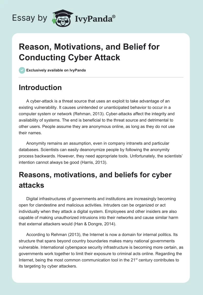 Reason, Motivations, and Belief for Conducting Cyber Attack. Page 1