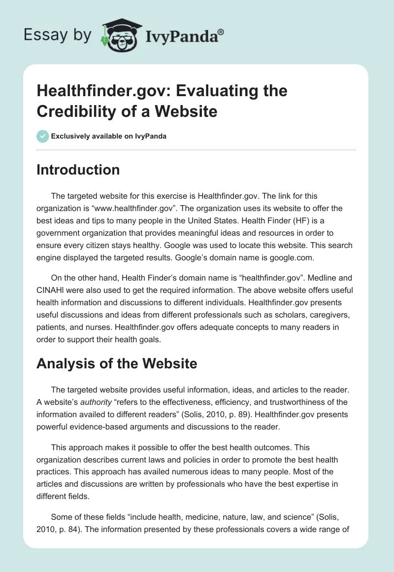 Healthfinder.gov: Evaluating the Credibility of a Website. Page 1