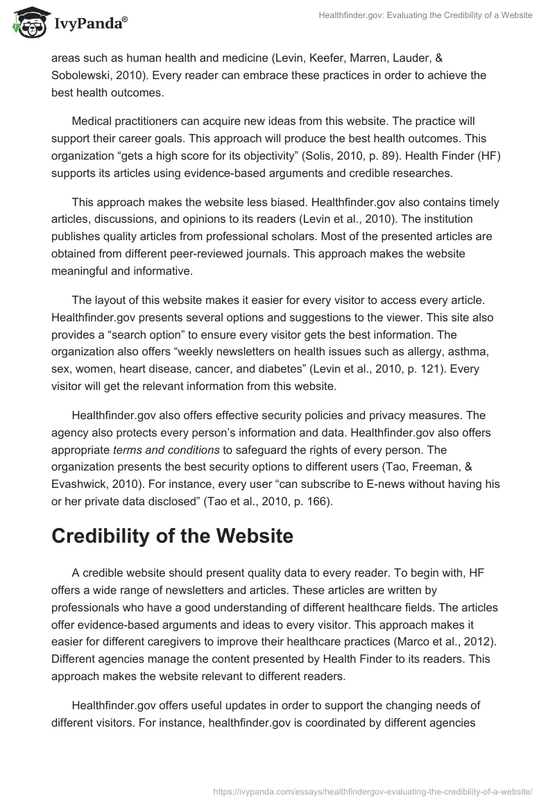 Healthfinder.gov: Evaluating the Credibility of a Website. Page 2