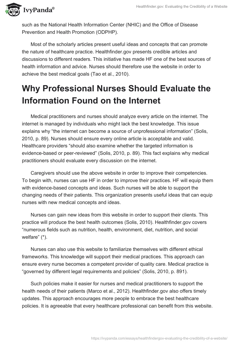 Healthfinder.gov: Evaluating the Credibility of a Website. Page 3