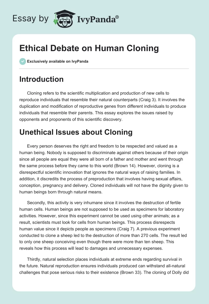 Ethical Debate on Human Cloning. Page 1