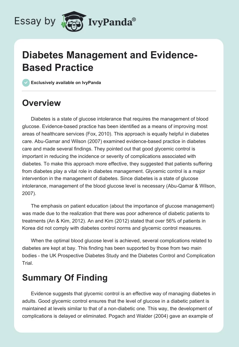 Diabetes Management and Evidence-Based Practice. Page 1