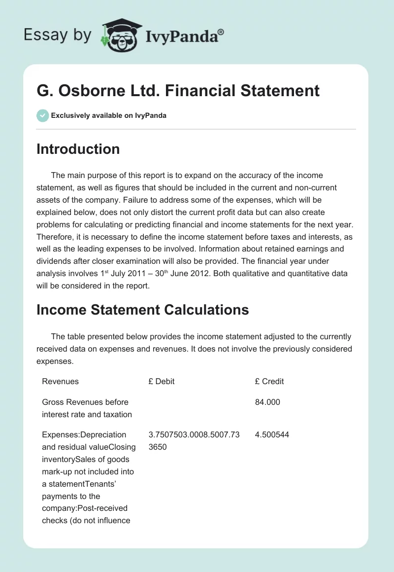 G. Osborne Ltd. Financial Statement. Page 1