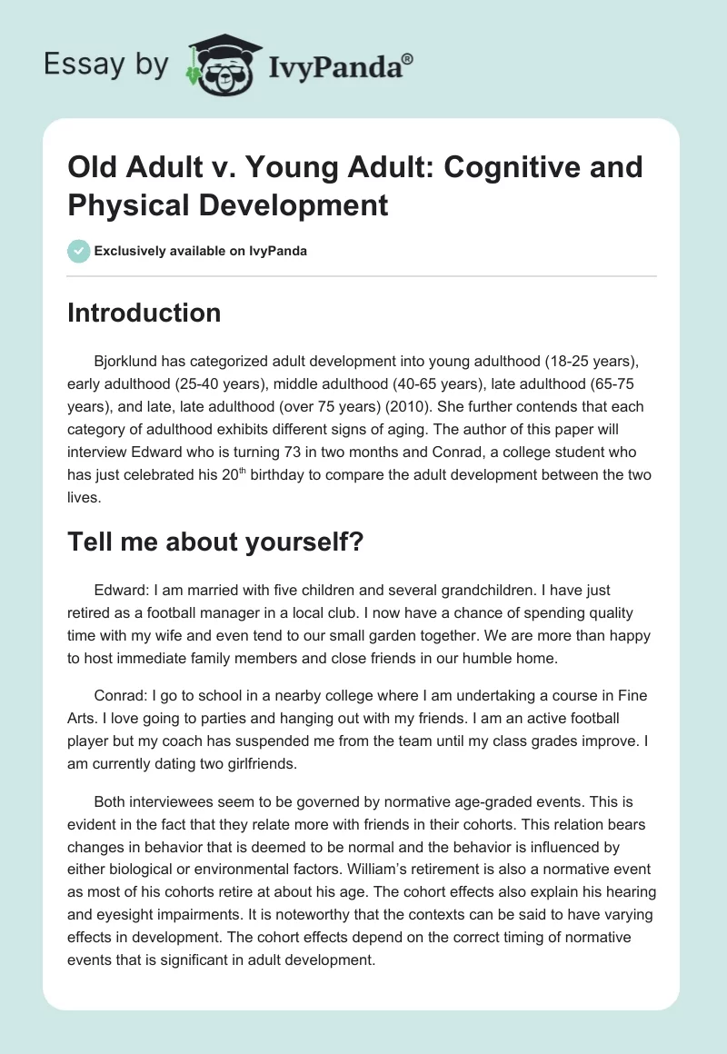 Old Adult vs. Young Adult: Cognitive and Physical Development. Page 1