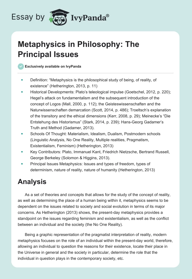 Metaphysics in Philosophy: The Principal Issues. Page 1