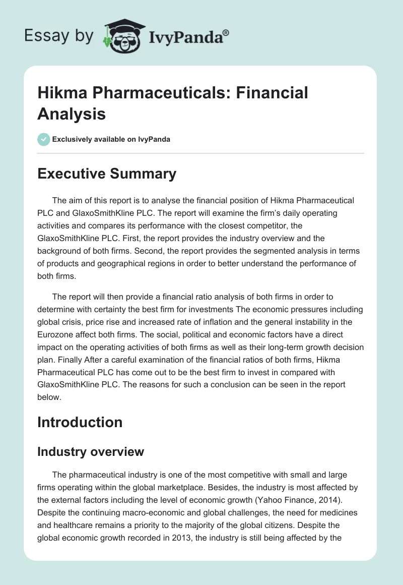 Hikma Pharmaceuticals: Financial Analysis. Page 1