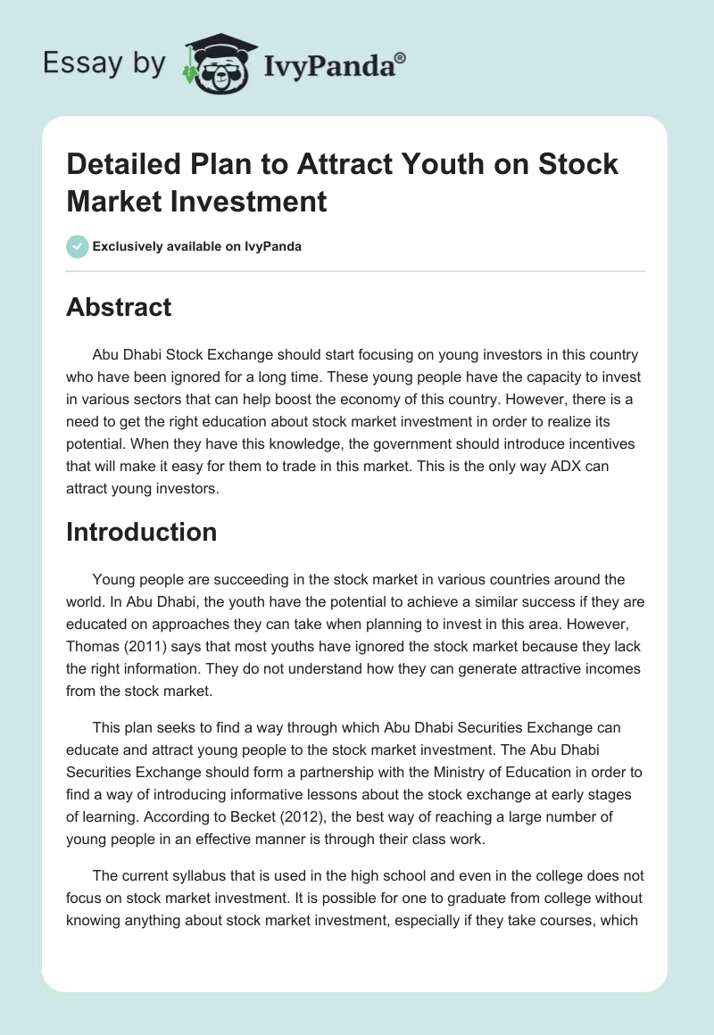 Detailed Plan to Attract Youth on Stock Market Investment. Page 1