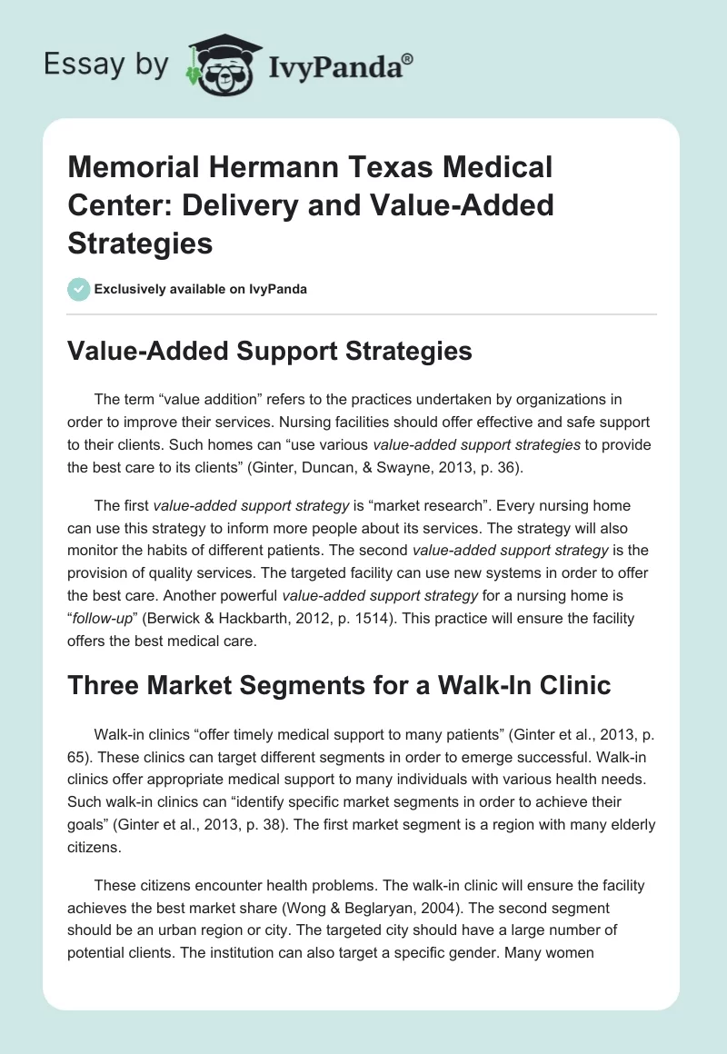 Memorial Hermann Texas Medical Center: Delivery and Value-Added Strategies. Page 1