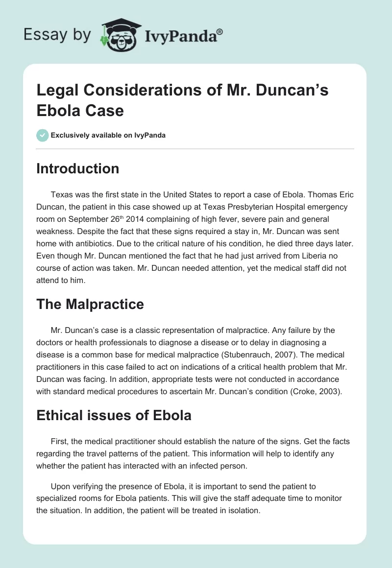 Legal Considerations of Mr. Duncan’s Ebola Case. Page 1
