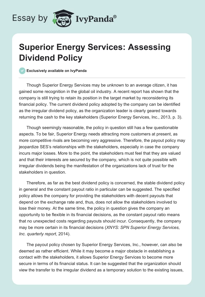 Superior Energy Services: Assessing Dividend Policy. Page 1