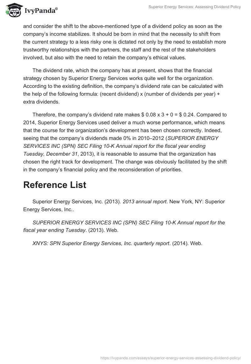 Superior Energy Services: Assessing Dividend Policy. Page 2