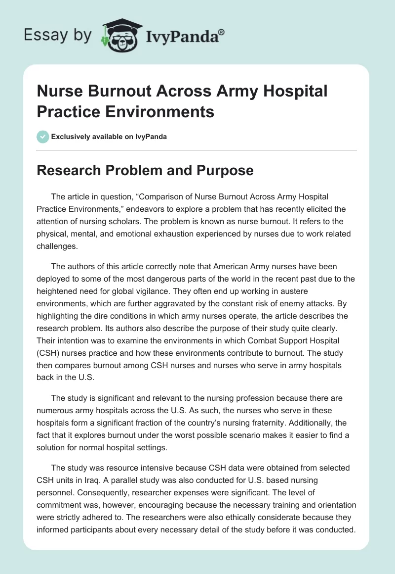 Nurse Burnout Across Army Hospital Practice Environments. Page 1