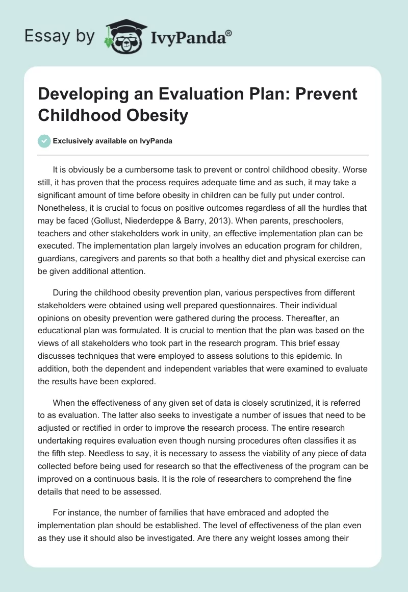 Developing an Evaluation Plan: Prevent Childhood Obesity. Page 1