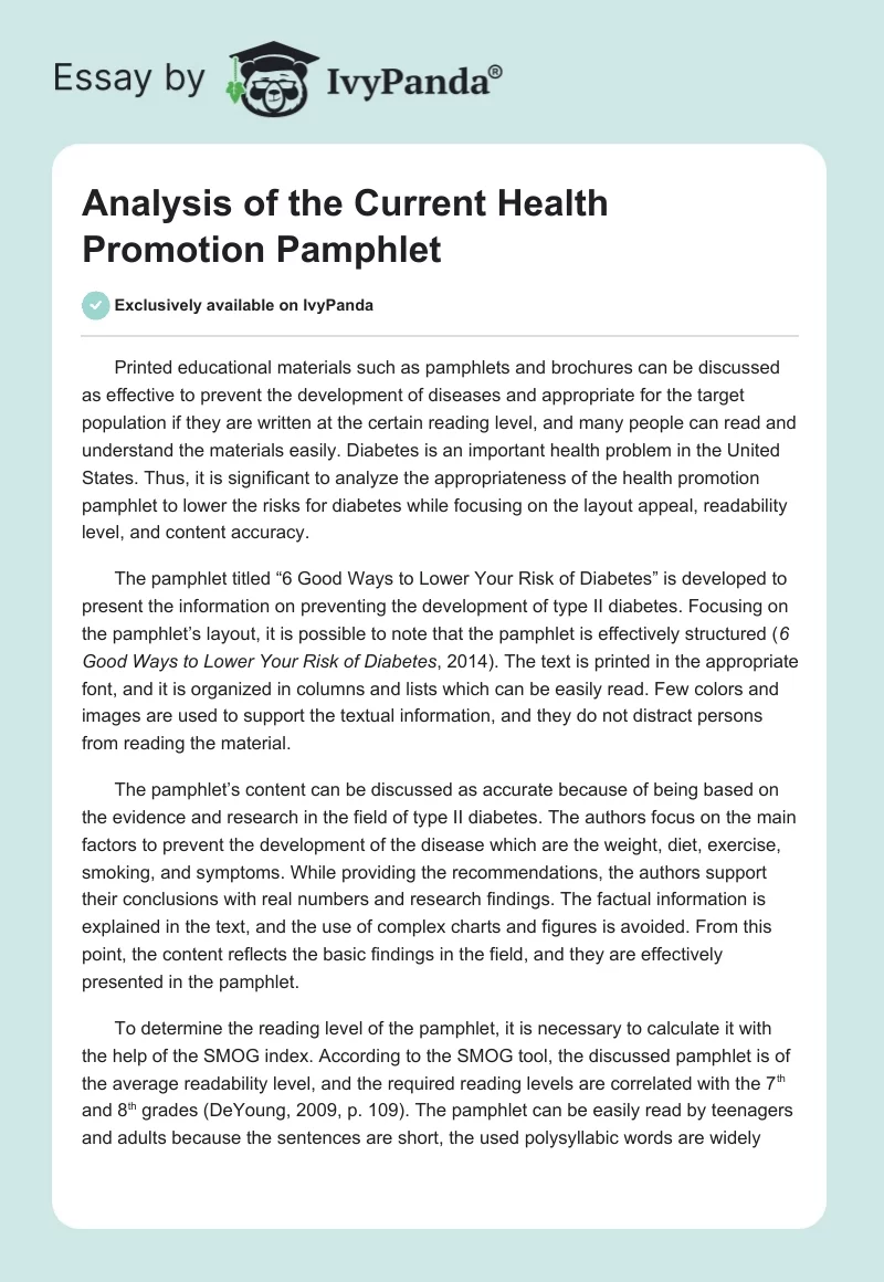 Analysis of the Current Health Promotion Pamphlet. Page 1