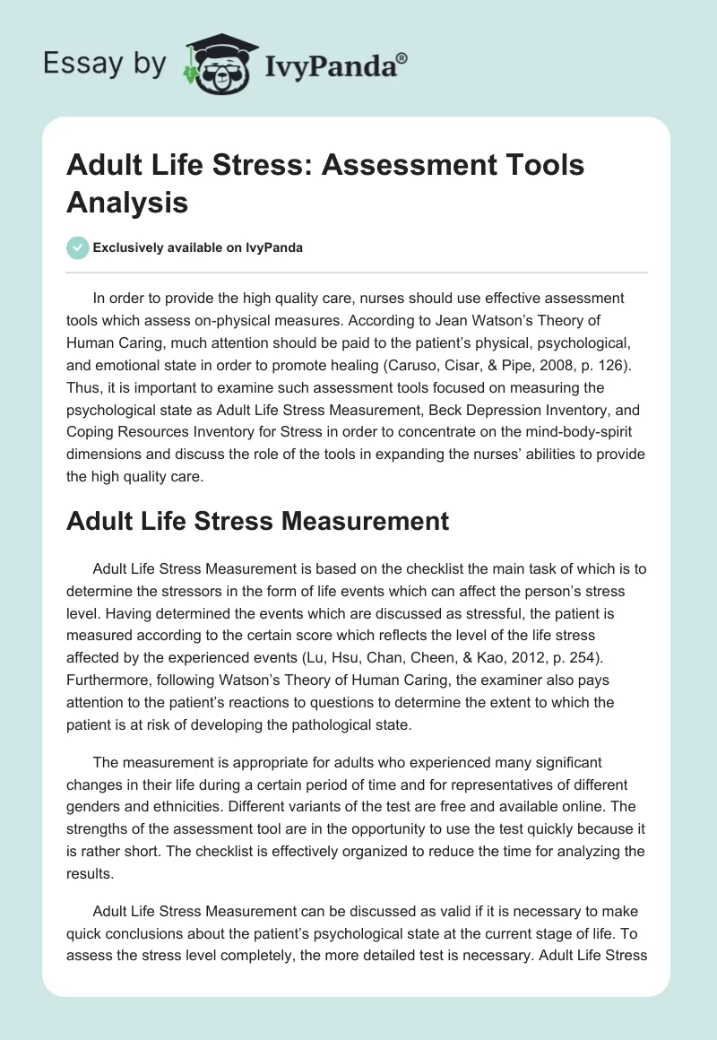Adult Life Stress: Assessment Tools Analysis. Page 1