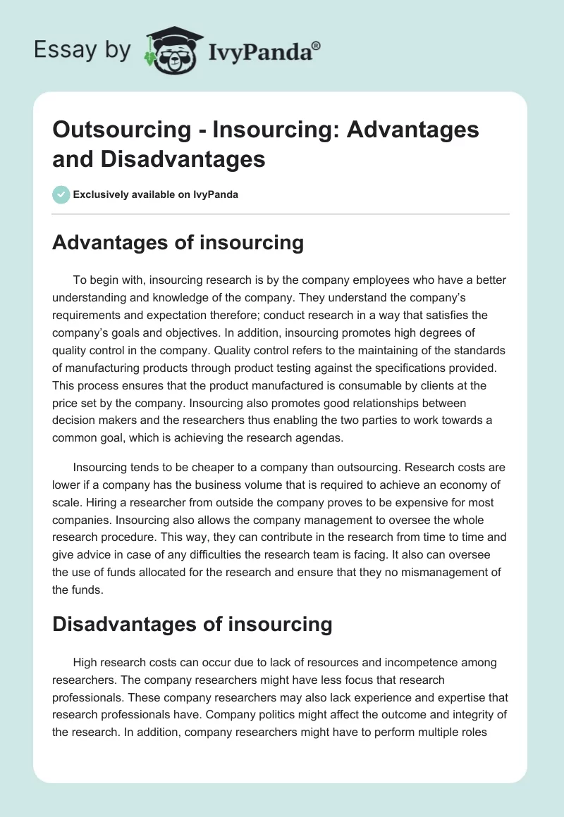 Outsourcing - Insourcing: Advantages and Disadvantages. Page 1