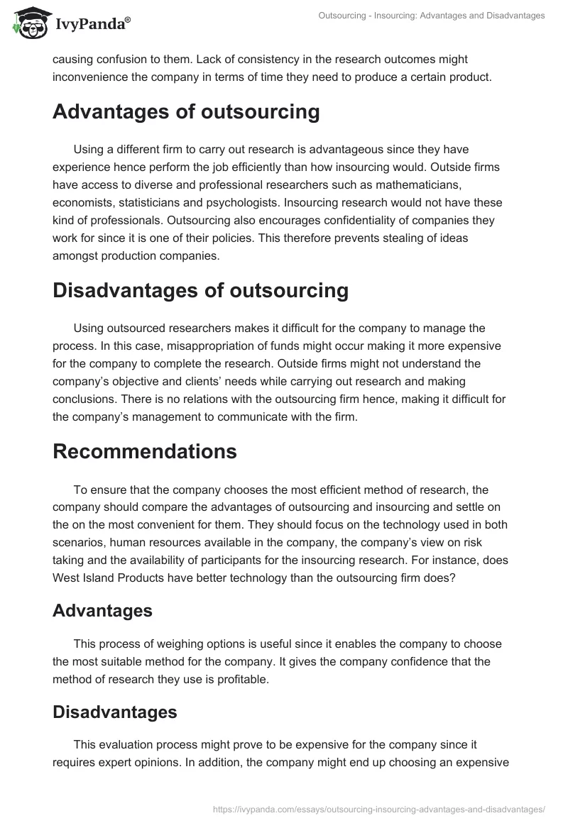 Outsourcing - Insourcing: Advantages and Disadvantages. Page 2