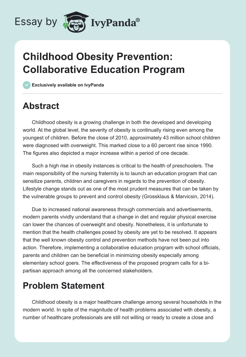 Childhood Obesity Prevention: Collaborative Education Program. Page 1