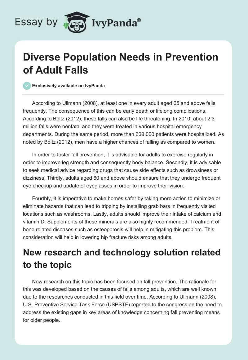 Diverse Population Needs in Prevention of Adult Falls. Page 1
