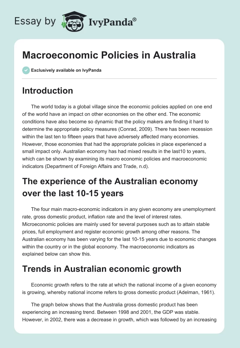 Macroeconomic Policies in Australia. Page 1