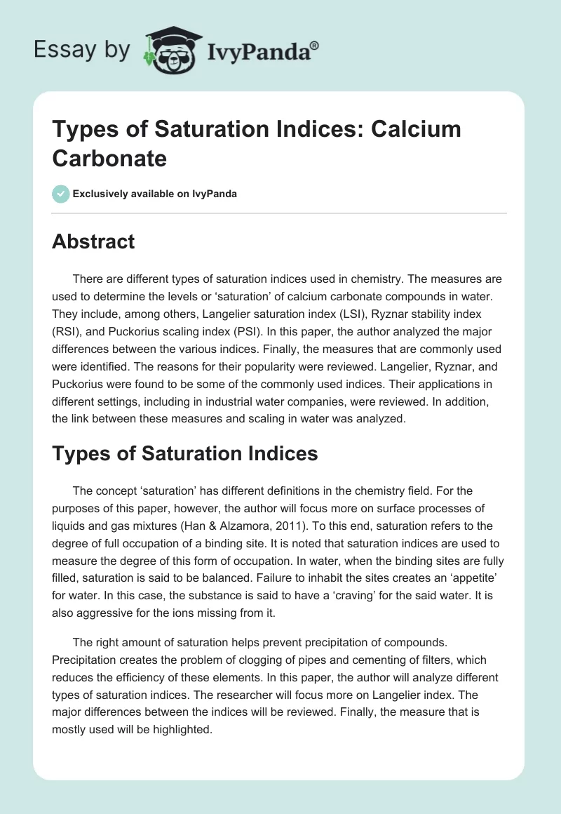 Types of Saturation Indices: Calcium Carbonate. Page 1