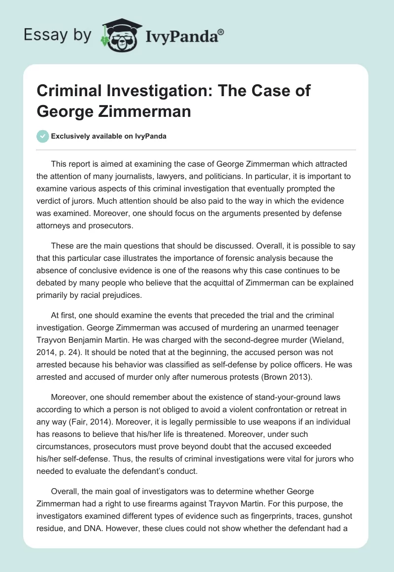 Criminal Investigation: The Case of George Zimmerman. Page 1