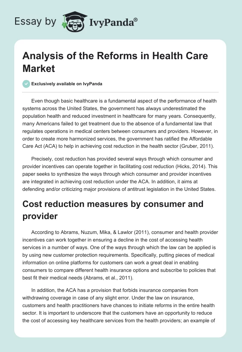 Analysis of the Reforms in Health Care Market. Page 1