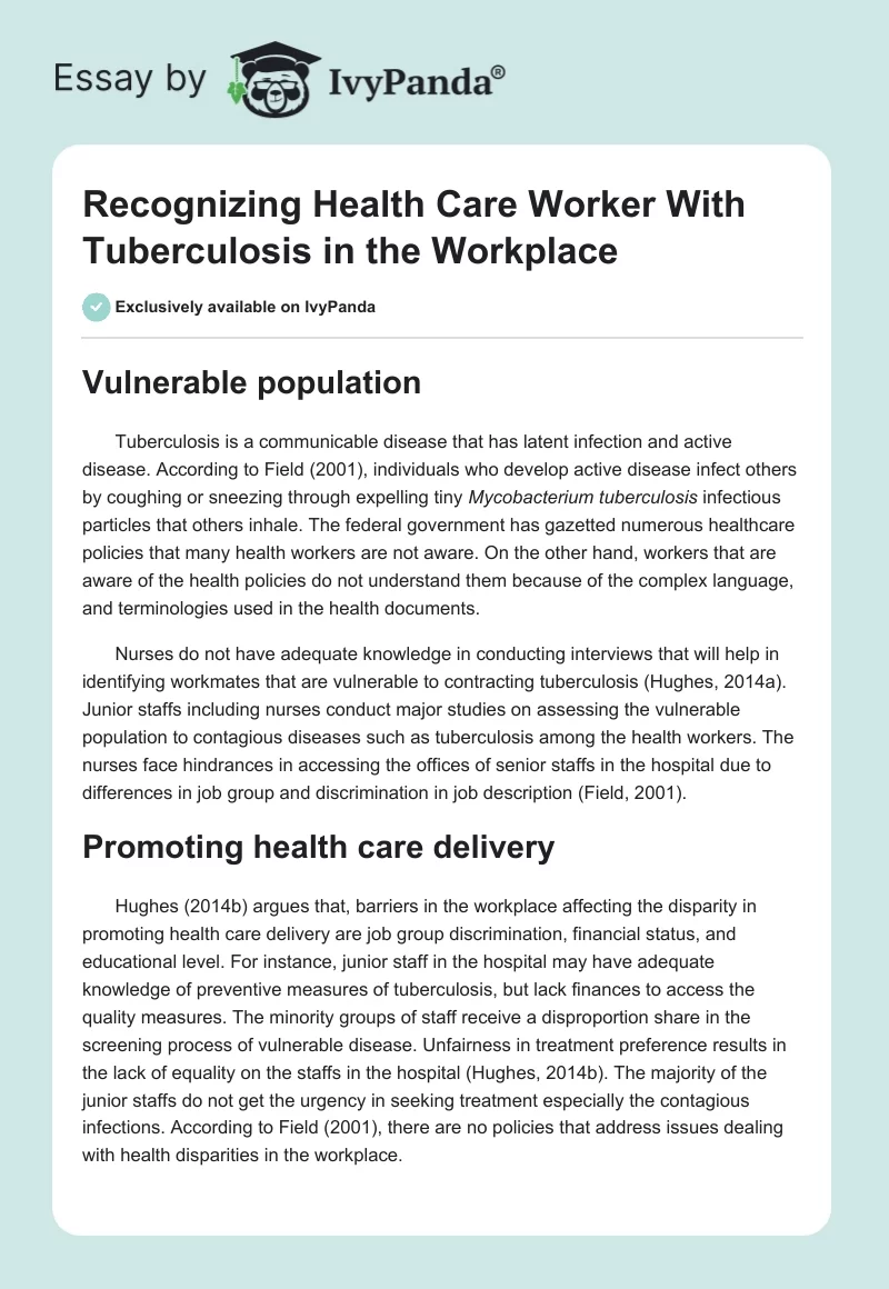 Recognizing Health Care Worker With Tuberculosis in the Workplace. Page 1