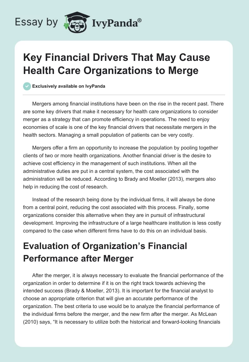 Key Financial Drivers That May Cause Health Care Organizations to Merge. Page 1