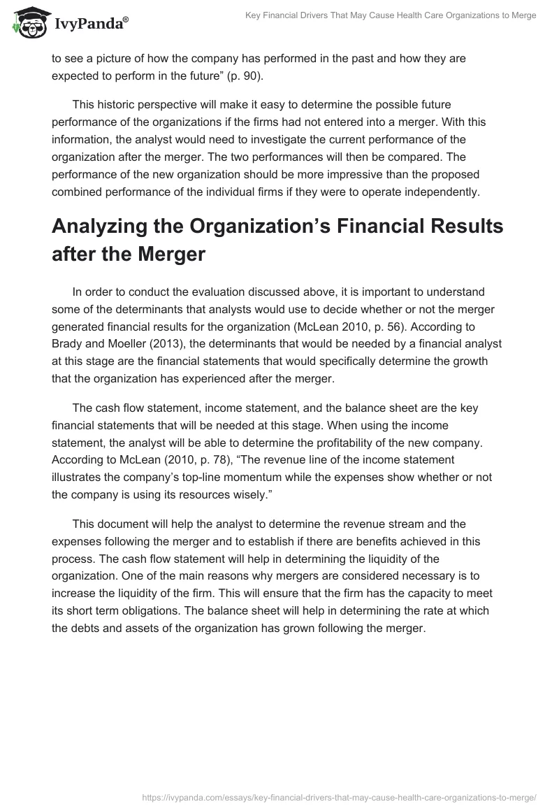 Key Financial Drivers That May Cause Health Care Organizations to Merge. Page 2