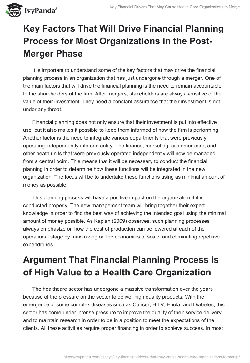 Key Financial Drivers That May Cause Health Care Organizations to Merge. Page 3