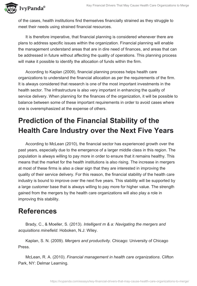 Key Financial Drivers That May Cause Health Care Organizations to Merge. Page 4