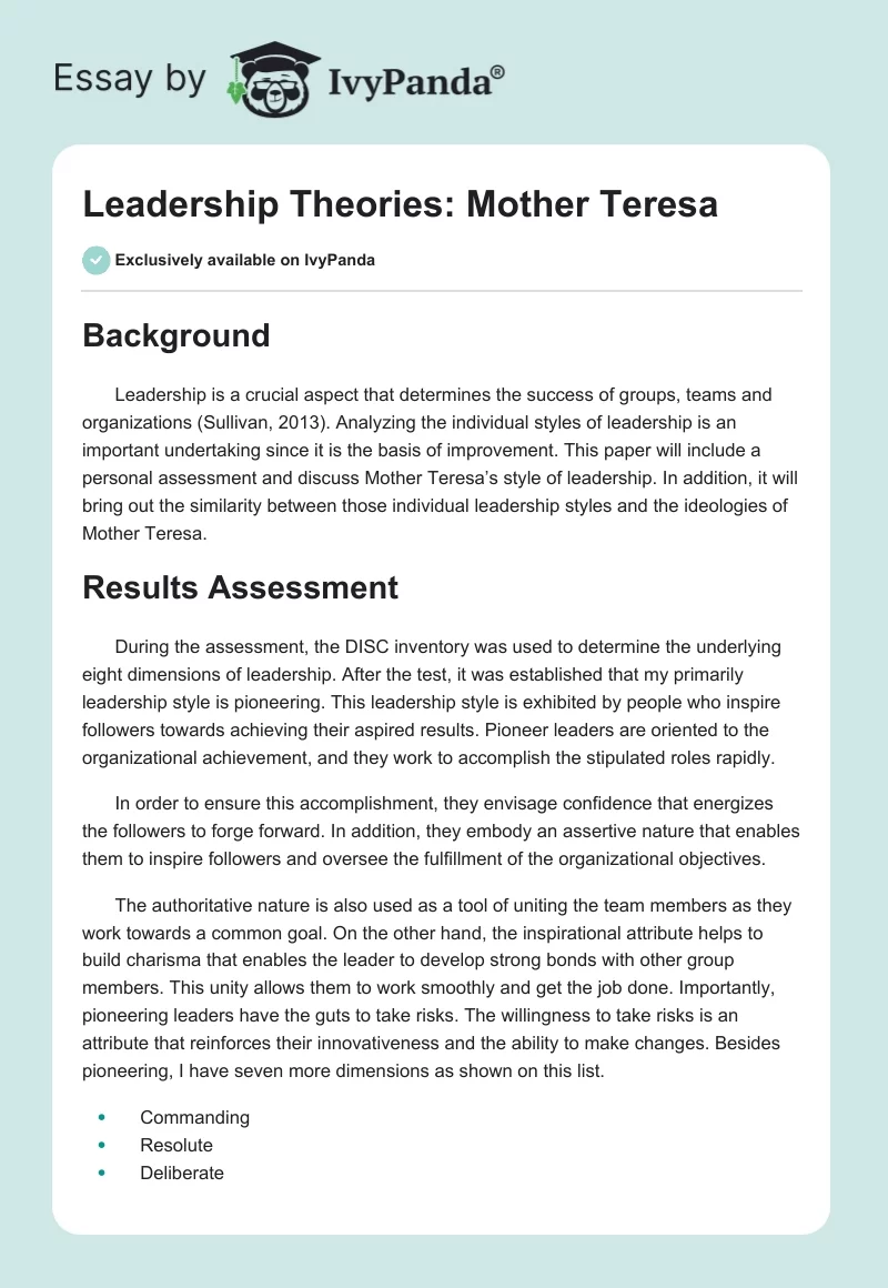 Leadership Theories: Mother Teresa. Page 1
