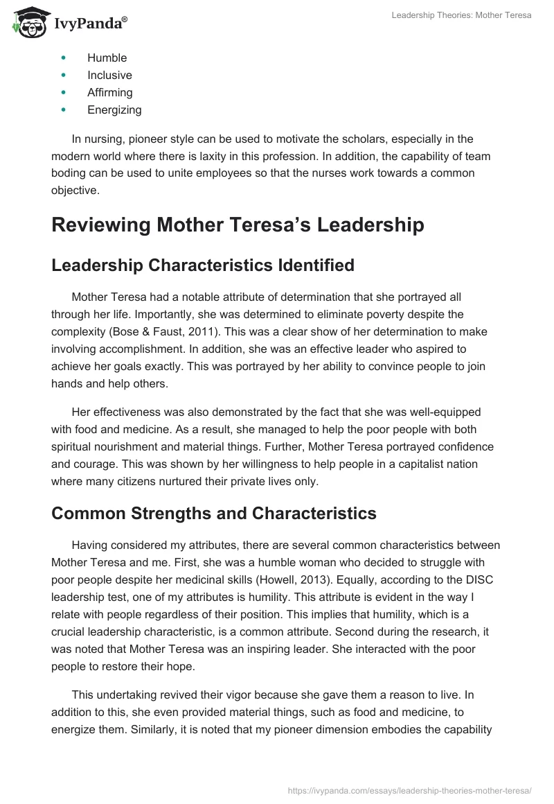 Leadership Theories: Mother Teresa. Page 2