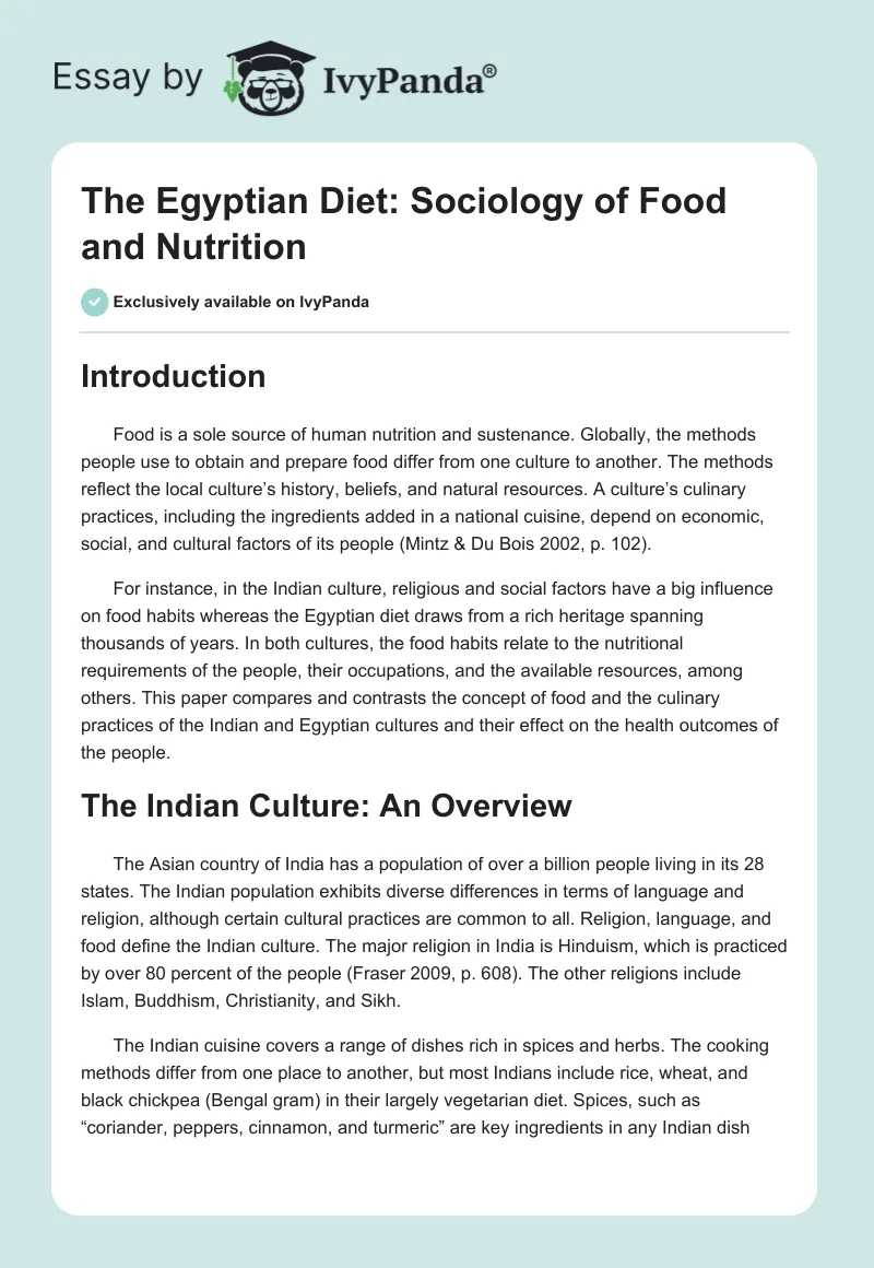 The Egyptian Diet: Sociology of Food and Nutrition. Page 1