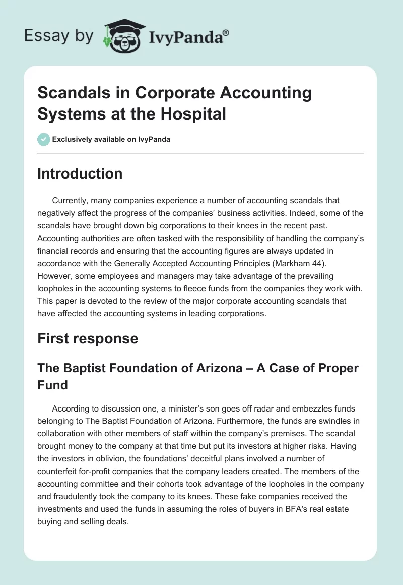 Scandals in Corporate Accounting Systems at the Hospital. Page 1