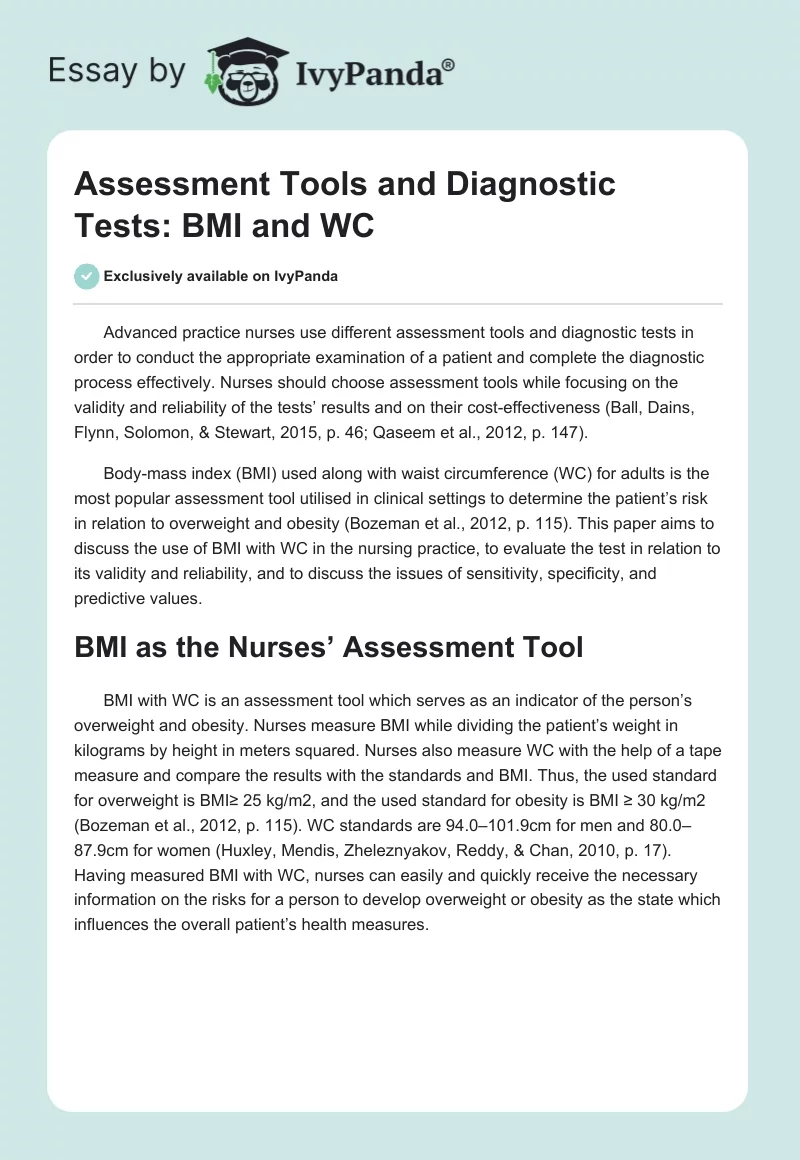 Assessment Tools and Diagnostic Tests: BMI and WC. Page 1