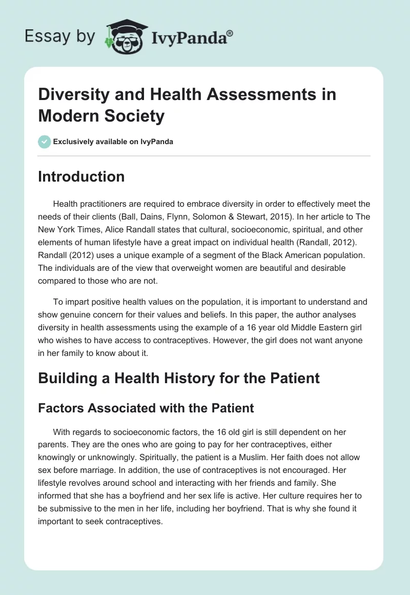 Diversity and Health Assessments in Modern Society. Page 1